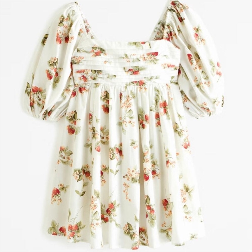 Abercrombie & Fitch Emerson Cotton Puff Sleeve Mini Dress White Strawberry Print